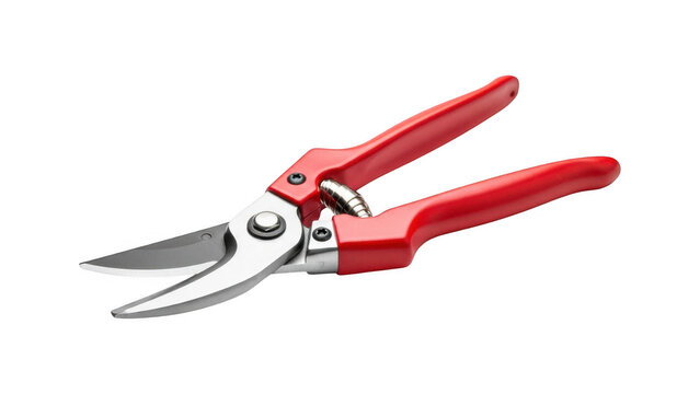 Red handled pruning shears with metal blades isolated on transparent background