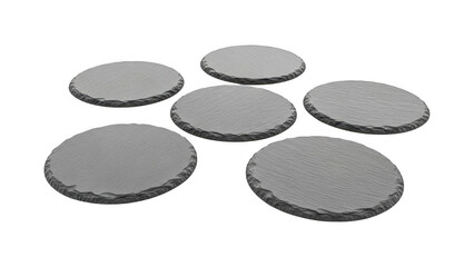Six gray stone coasters on a transparent background