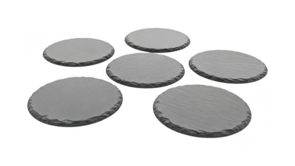 Six gray stone coasters on a transparent background