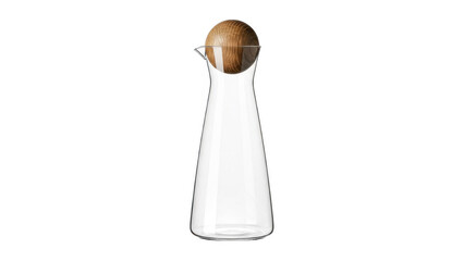 A clear glass decanter with a wooden stopper on transparent background