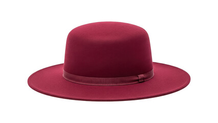 A stylish red felt hat with a narrow ribbon band isolated on transparent background