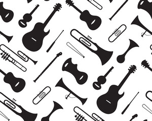 Obraz premium Seamless pattern of musical instruments including guitars trumpets and flutes for creative backgrounds and artistic themes