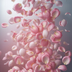 Obraz premium Delicate Pink Rose Petals Falling Gently Against Soft Gradient Background