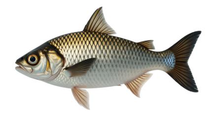 Detailed view of a shiny fish with golden scales on black background