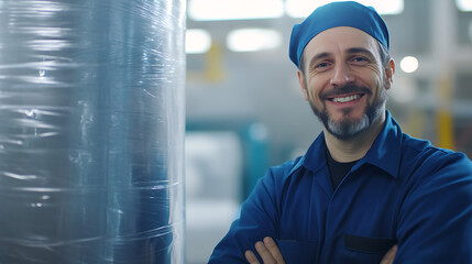Confident factory worker with a warm smile, wearing a blue uniform and hat, stands beside a wrapped object in a bustling industrial setting. Focus on work ethic, positivity, and pride.
