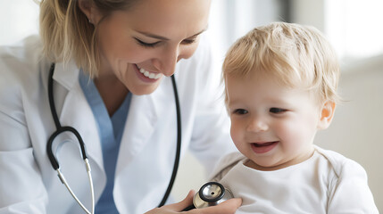 A caring doctor listens to a cute toddler's heartbeat with a stethoscope during a checkup. The scene exudes warmth and trust in the healthcare environment.