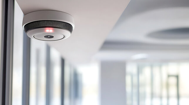 Modern smoke detector with a red indicator light, mounted on a white ceiling. Safety and fire protection technology in a contemporary building. Ensuring safety and security.