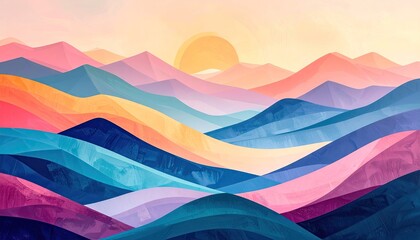 Pixelated Mountain Range Under A Hazy Sunrise With Layers Of Pink Blue Yellow And Purple Hues