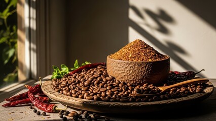 Rustic arrangement of aromatic coffee beans, ground spices, and dried chili peppers in natural light