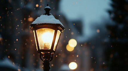A vintage lamp post covered in snow stands illuminated against a soft, bokeh-filled backdrop, creating a serene winter scene of light and tranquility.