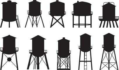 Collection of various water tower silhouettes different shapes and supports black outlines on a transparent background