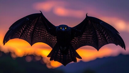 Mysterious black winged creature with glowing yellow eyes flying across a dramatic sunset sky with orange and purple clouds and silhouetted trees below