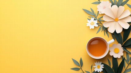 Floral tea cup yellow background copy space paper art spring flower minimal design pastel color top view hot drink leaf decoration Calm floral tea
