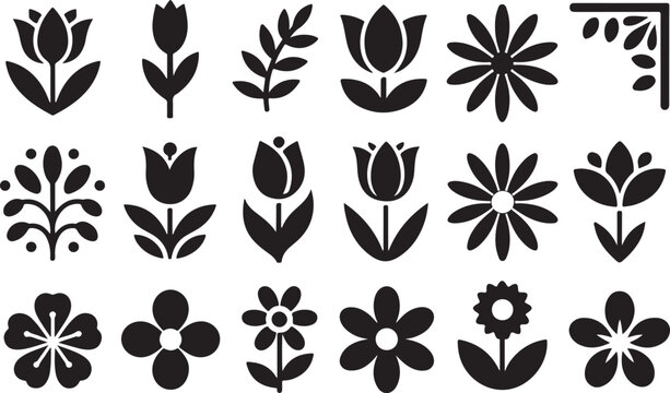 Set of decorative black flower icons and silhouettes including various blooming plants leaves and a corner element on transparent background - Powered by Adobe