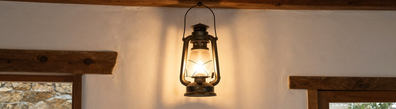weathered vintage lantern casts warm soft glow adjacent walls suspended wooden beam cozy indoor room natural stone