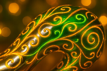 An elegant ornament with glowing golden swirls on a shiny green surface appears against a soft background of warm yellow lights creating a festive and decorative atmosphere
