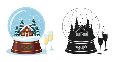 Festive snow globes with winter scenes and champagne glasses for celebration © Minara
