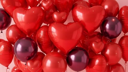 A cluster of shiny red heart shaped balloons on a pink background