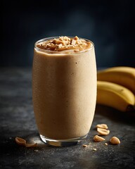 Peanut Butter Banana Smoothie with Caramel and Nuts Splash, Creamy Dessert Style Protein Shake for Advertising and Packaging Design