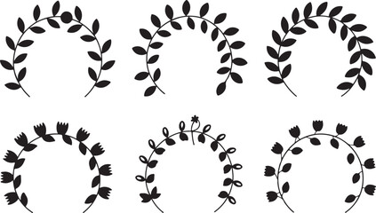 Set of six floral leaf branches arranged in arcs on transparent background vector © Kamrun82