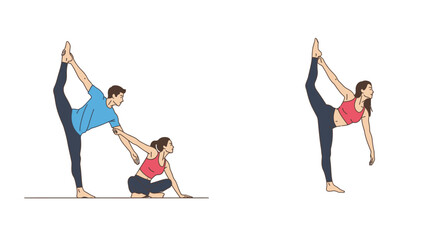 Two people demonstrating a challenging yoga pose assisted stretch flexibility training
