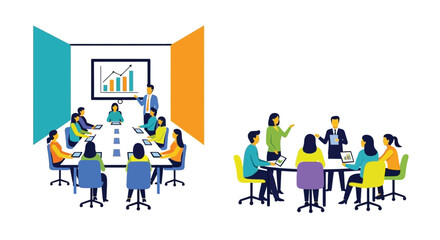 A collaborative business meeting scene with people and a presentation on display