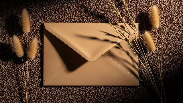 Brown envelope with fluffy plants on textured background