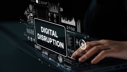 Hand typing on laptop with futuristic digital disruption interface displaying analytics and technology graphics. Asymptotic smart data analytic.