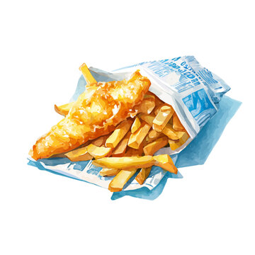 Fish And Chips in detailed isometric watercolor art, isolated on a pure white backdrop.