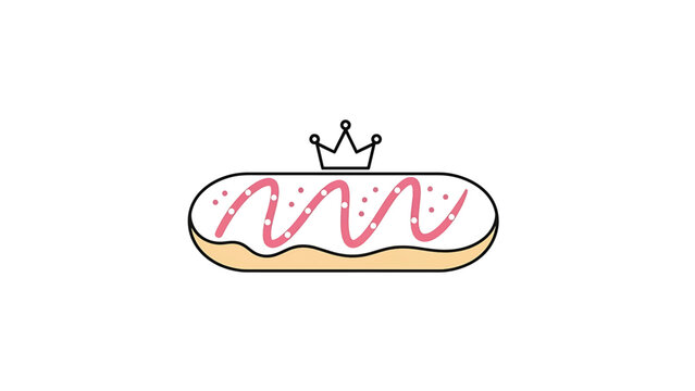 A cartoon eclair or pastry with pink wavy icing and white sprinkles, topped with a black outline crown