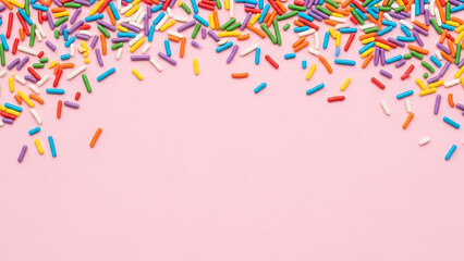 Colorful sprinkles scattered on pink background rainbow candy