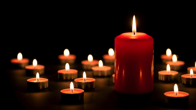 Lit red candle surrounded by tea lights on dark background - Powered by Adobe