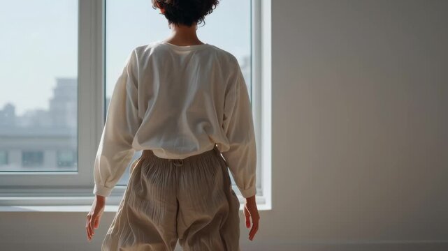 A woman is sitting on the floor in a room with a window. She is wearing a white shirt and gray pants. The room is empty and the woman is looking out the window