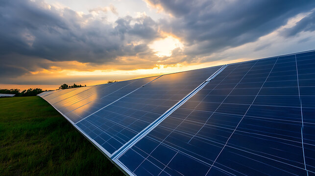 Tranquil landscape with solar panels under a sunset sky, promoting renewable energy and sustainability. A symbol of innovation, reflecting a commitment to environmental care.
