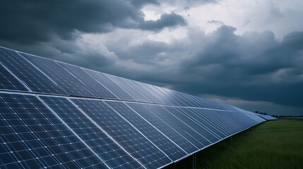Array of solar panels stretch out beneath a stormy sky. Renewable energy and technology converge in a visual statement about sustainability and the elements.
