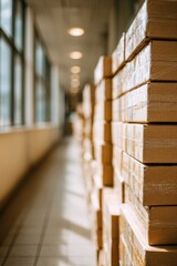 Warehouse logistics and shipping with stacked cardboard boxes in sunlit corridor