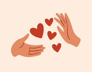 Vector illustration. Valentine's Day. Greeting card. Vector print. Hands and heart. Love in hands.