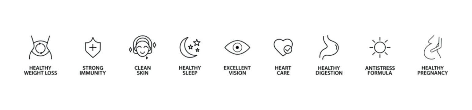 Food supplement line icon set. Organic, bio, vegan, healthy product. Natural health vitamins, probiotics label for packaging. Clean skin. Detox diet badges. Nutrition sign. Vector illustration.