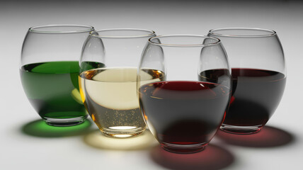 Four clear stemless glasses filled with colorful liquids green white red drink beverage