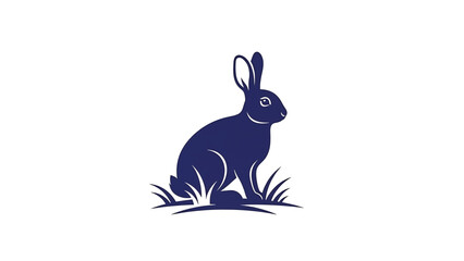 Fototapeta premium A dark blue rabbit silhouette sits in stylized grass, looking right on a clean white background
