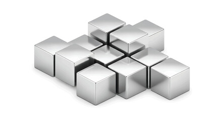 A cluster of gleaming silver cubes arranged in an abstract, irregular formation on a clean white background