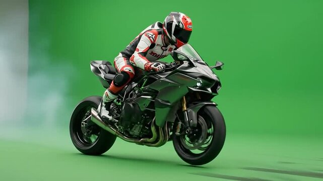 A rider in full racing gear speeds a powerful sport motorcycle, lifting the front wheel on green screen