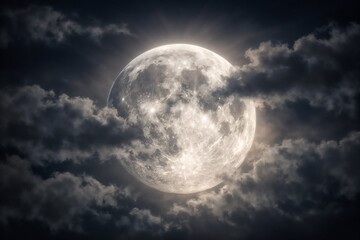 Bright Full Moon Illuminating Night Sky with Cloud Cover, Mystical Lunar Scene