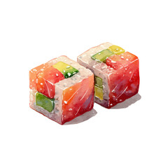 A watercolor isometric illustration of Maki Rolls, cleanly isolated on white background. © John