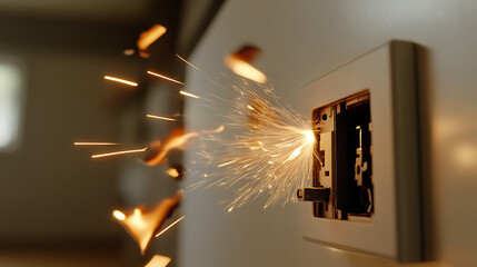 Electrical fire hazard: A close-up shows an outlet sparking violently with flames, creating a dangerous situation that requires immediate attention and safety precautions.