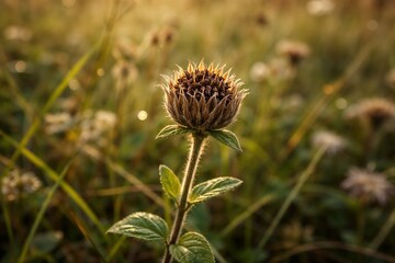 Close-up of a dried and withered sunflower seed head in a natural grassy field during late summer or autumn