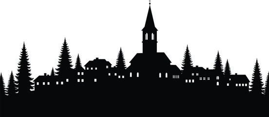 Fototapeta premium Black silhouette of a traditional European winter village with a church tower pine trees and small houses for festive holiday designs