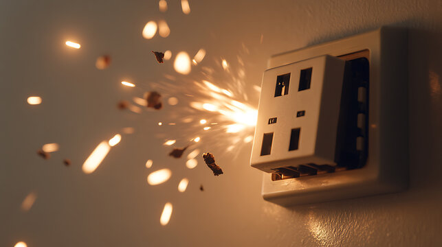 Electrical outlet malfunction showcasing a short circuit with bright sparks and debris ejecting from a wall socket, highlighting potential electrical hazards and risks of failure.
