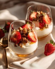Luxury Greek Yogurt Parfait with Strawberries, Honeycomb and Mixed Nuts, Gourmet Dessert in Elegant Glass