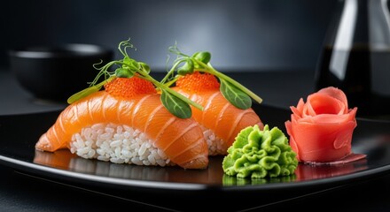 Delicious salmon nigiri sushi with wasabi and ginger on a black plate.